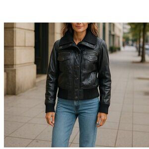 Brooklyn Swaggy Black Leather & Knit Bomber Jacket L